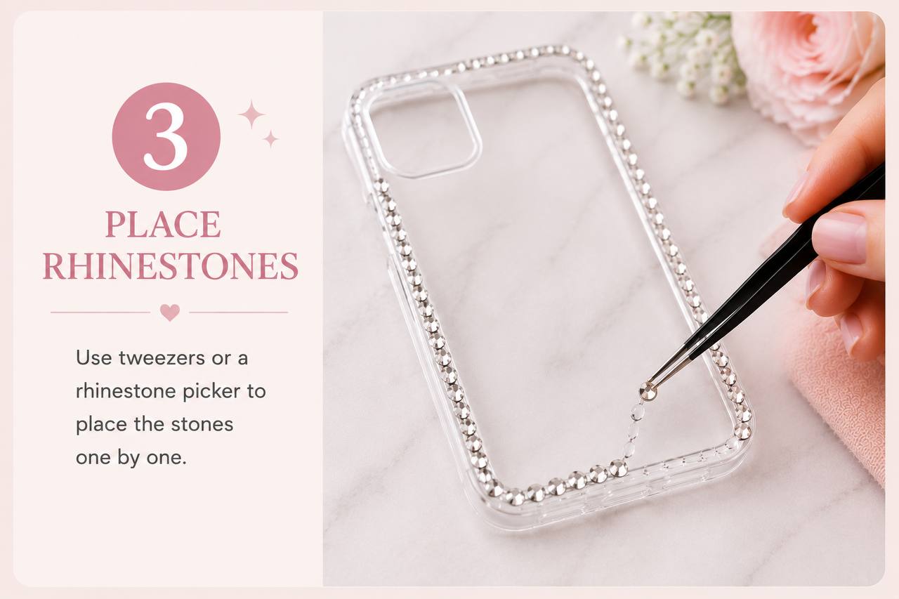 Place rhinestones on phone case