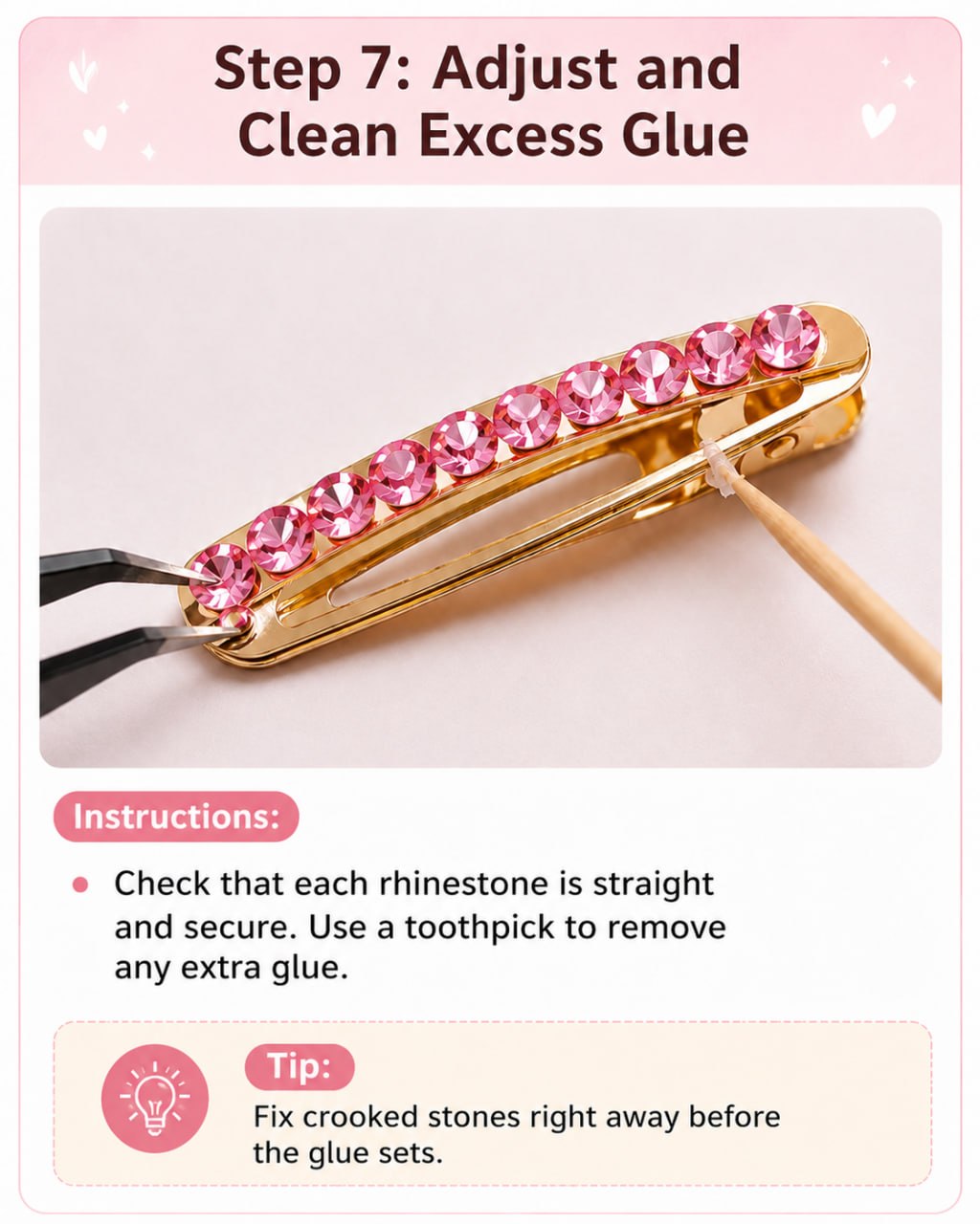 Adjust rhinestone hair clip and clean glue