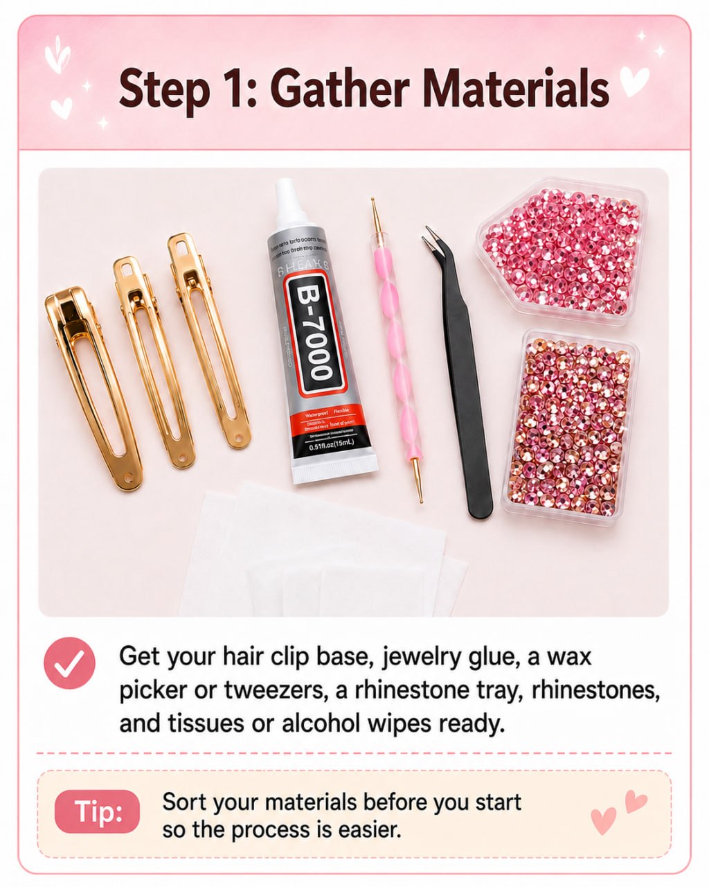 Gather rhinestone hair clip materials