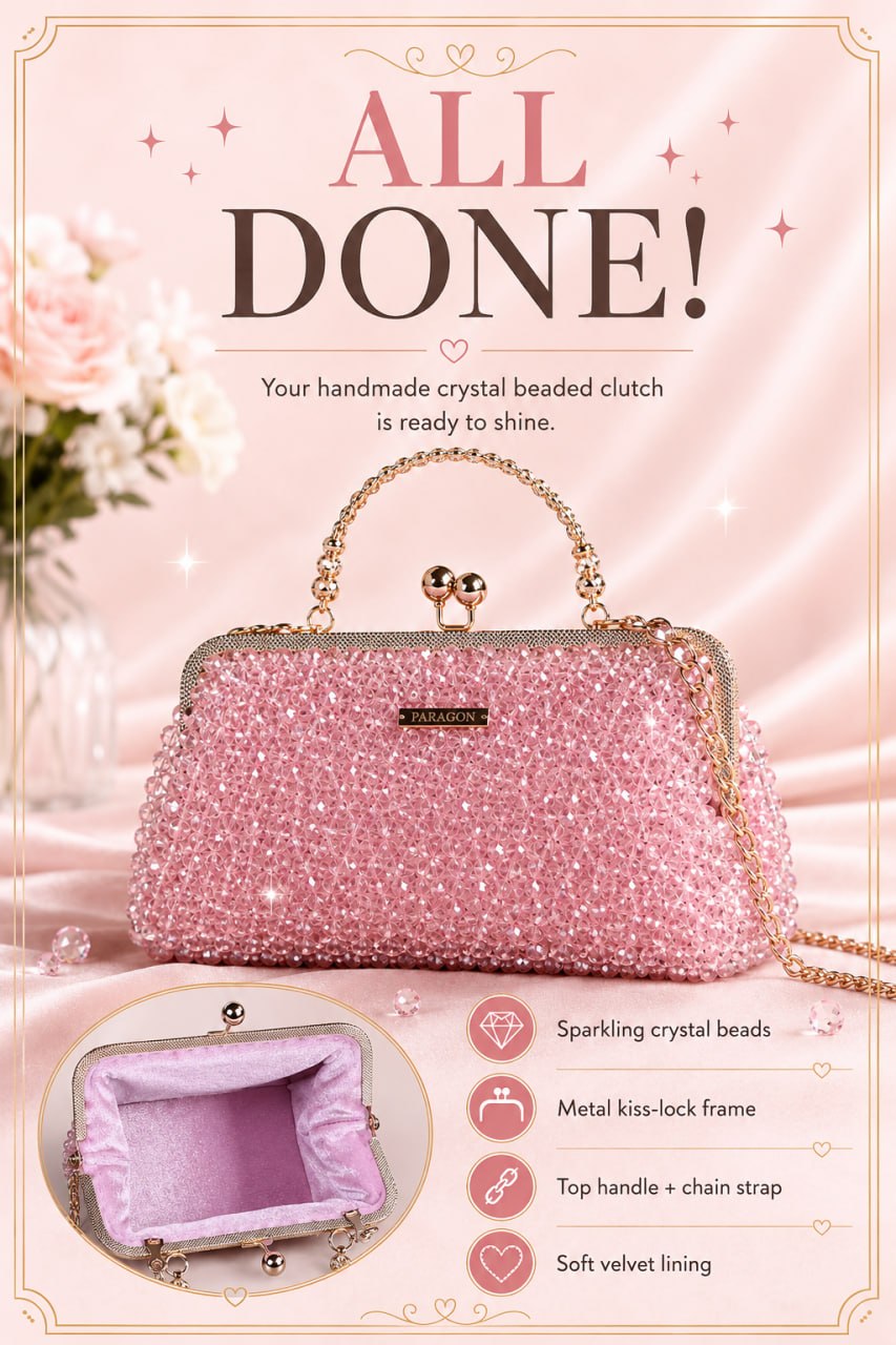 Finished crystal beaded clutch bag