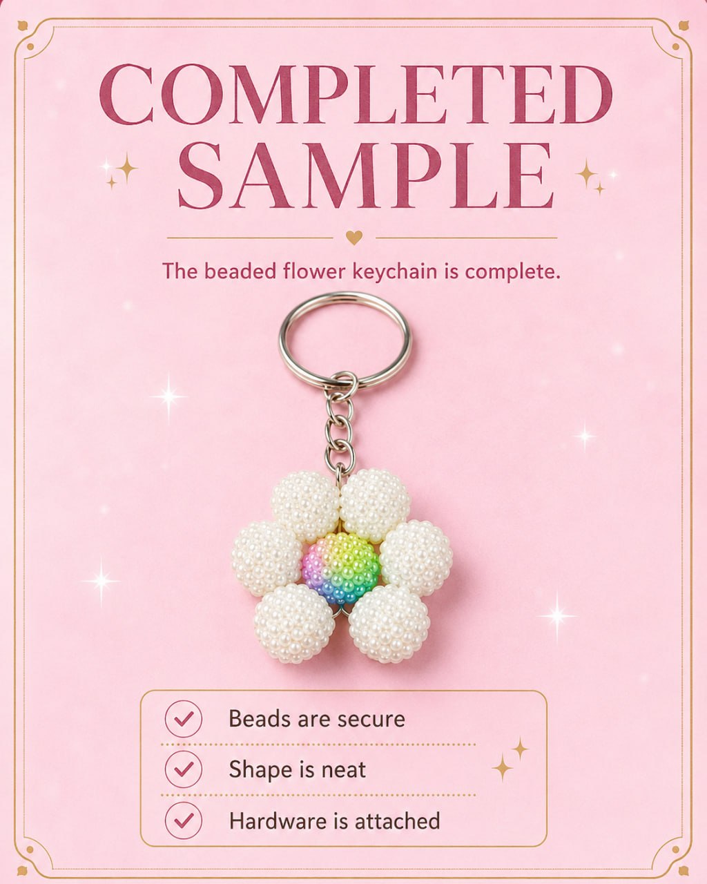 Attach hardware to beaded flower keychain